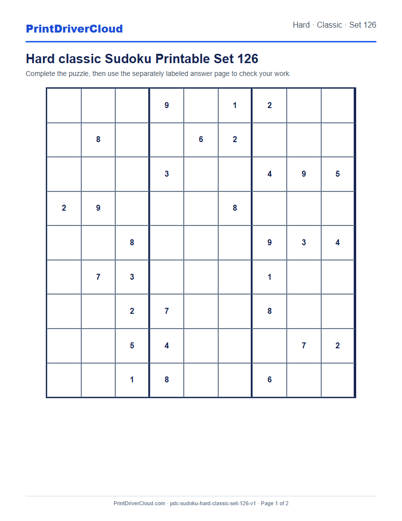 Preview of Hard classic Sudoku Printable Set 126