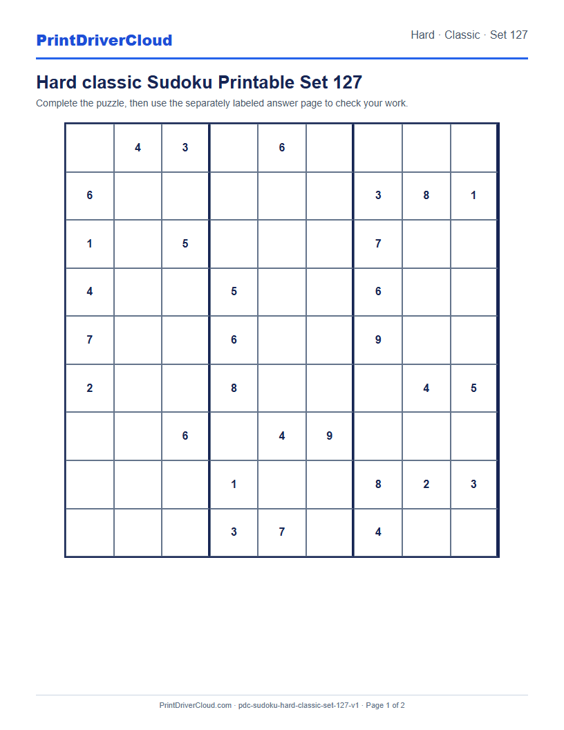 Preview of Hard classic Sudoku Printable Set 127