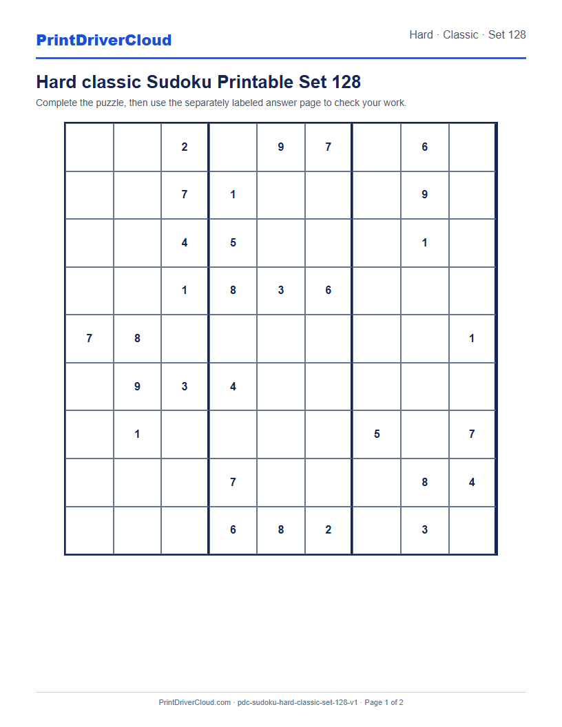 Preview of Hard classic Sudoku Printable Set 128