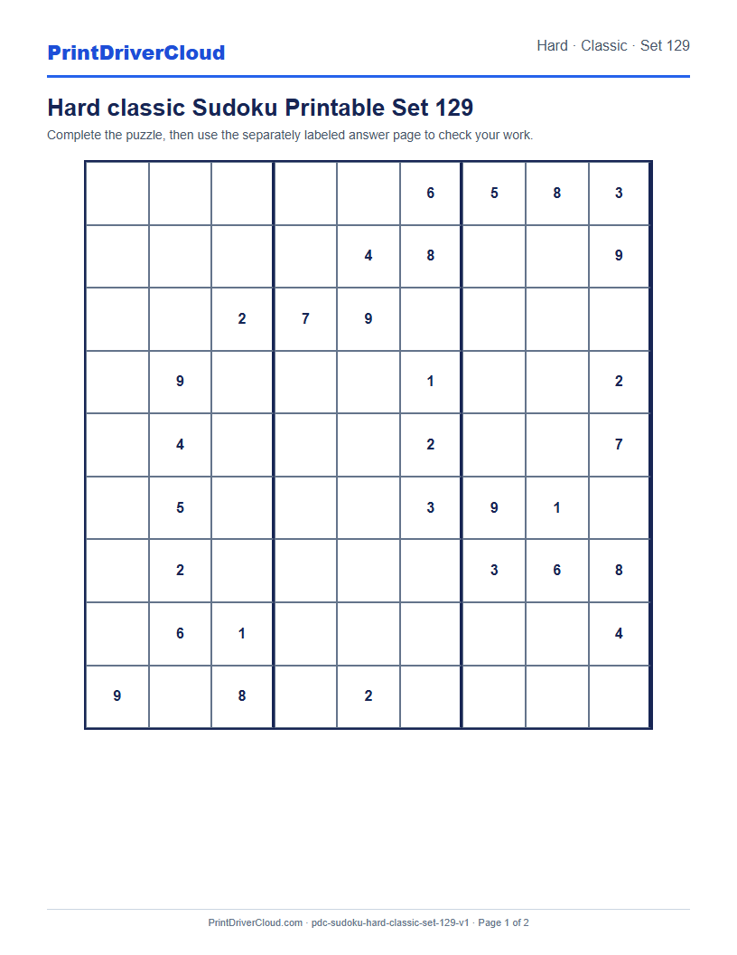 Preview of Hard classic Sudoku Printable Set 129