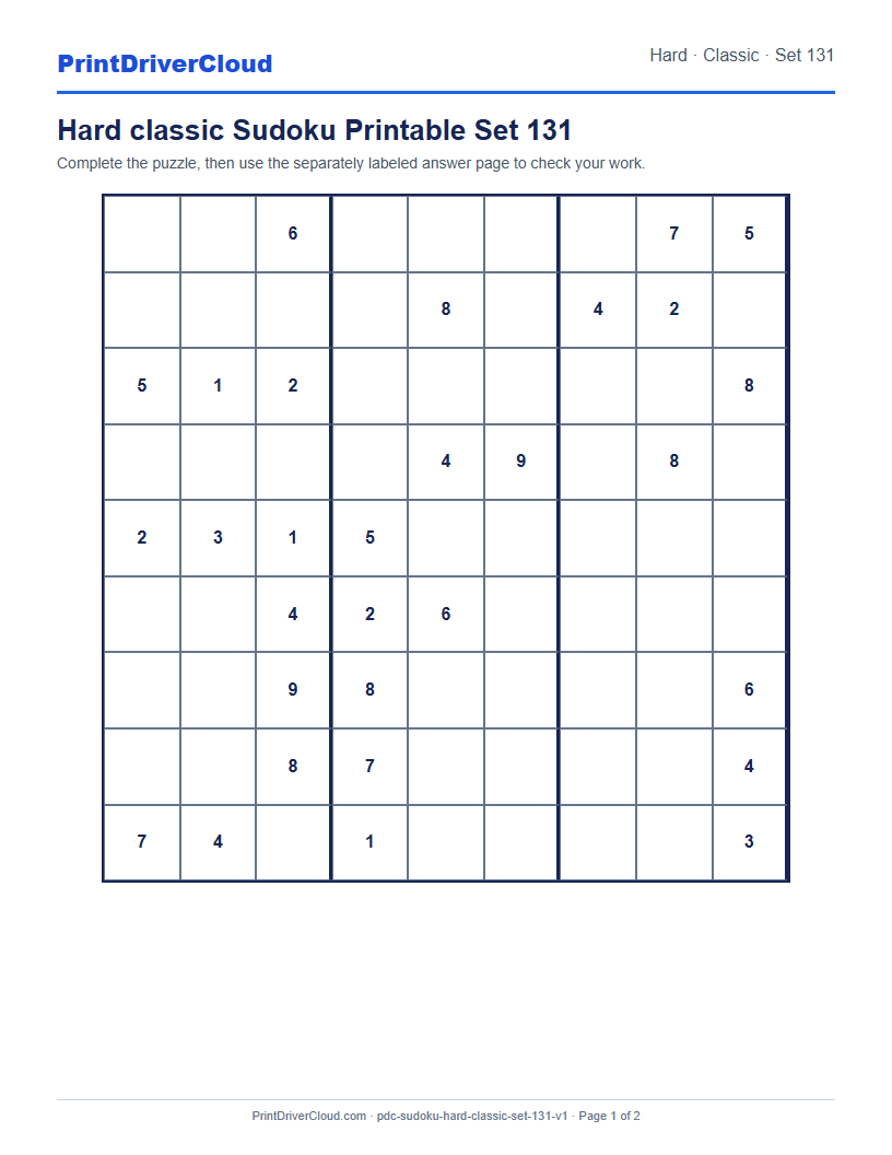 Preview of Hard classic Sudoku Printable Set 131