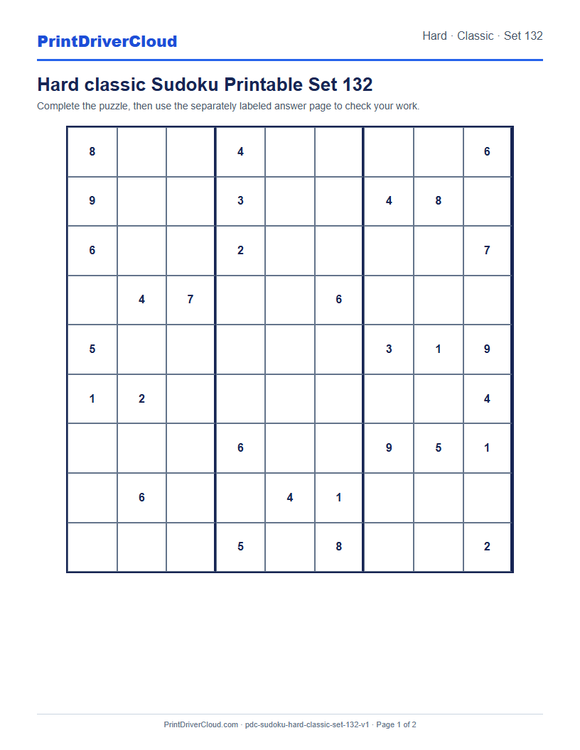 Preview of Hard classic Sudoku Printable Set 132