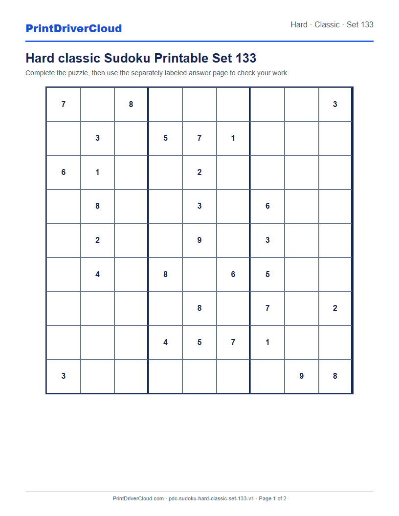 Preview of Hard classic Sudoku Printable Set 133