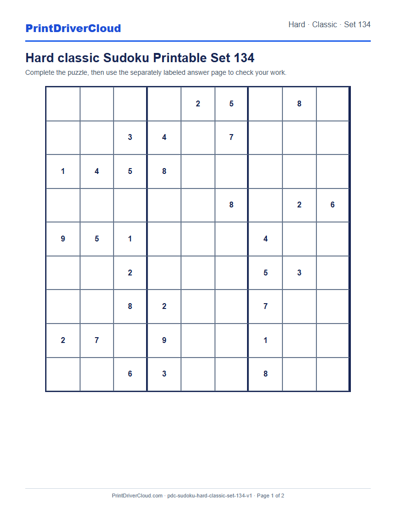 Preview of Hard classic Sudoku Printable Set 134