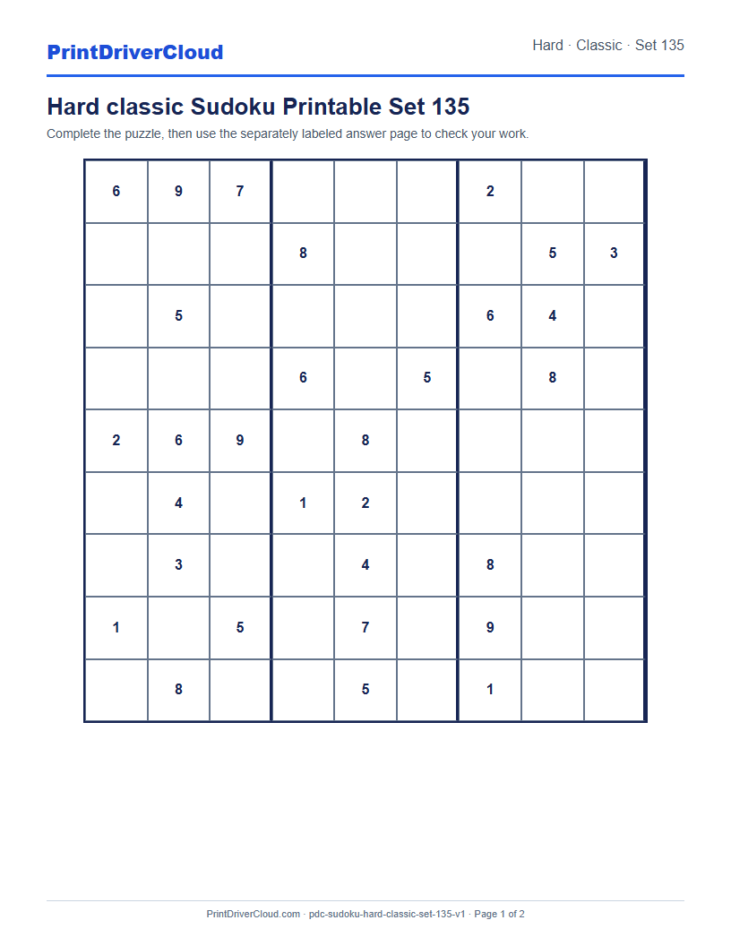 Preview of Hard classic Sudoku Printable Set 135