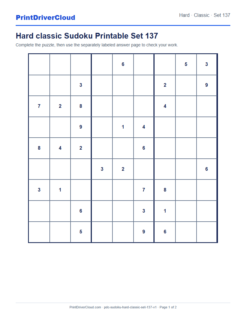 Preview of Hard classic Sudoku Printable Set 137