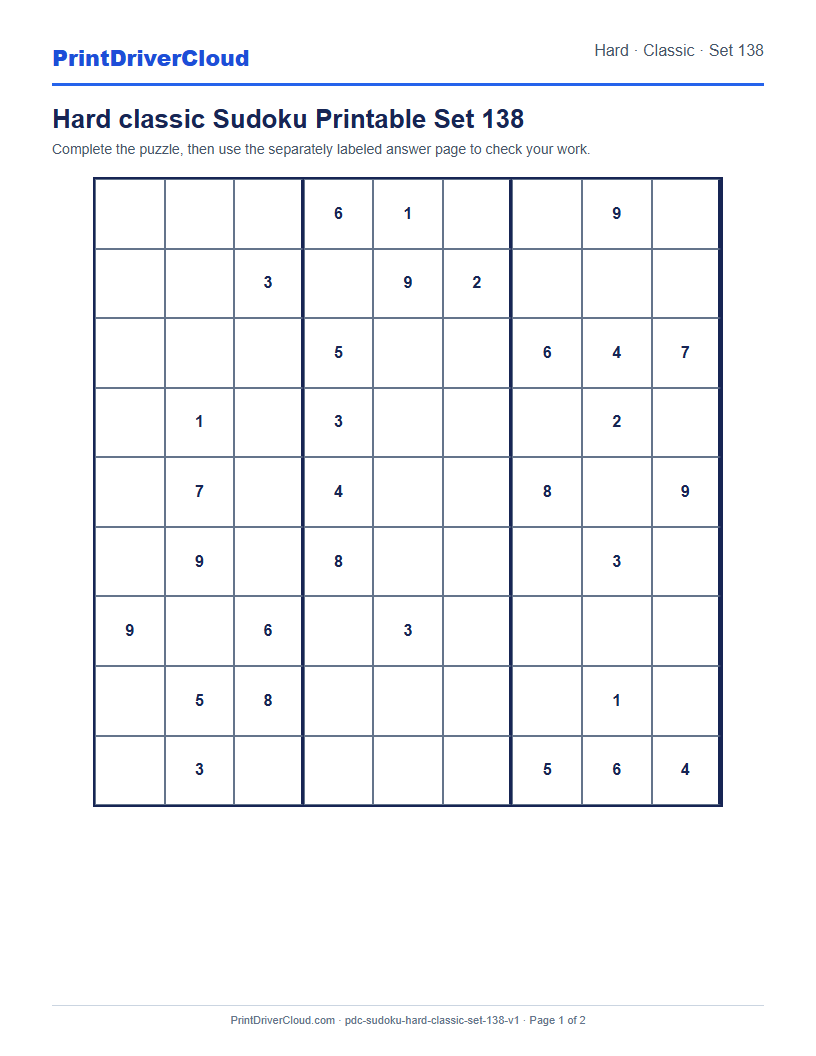 Preview of Hard classic Sudoku Printable Set 138