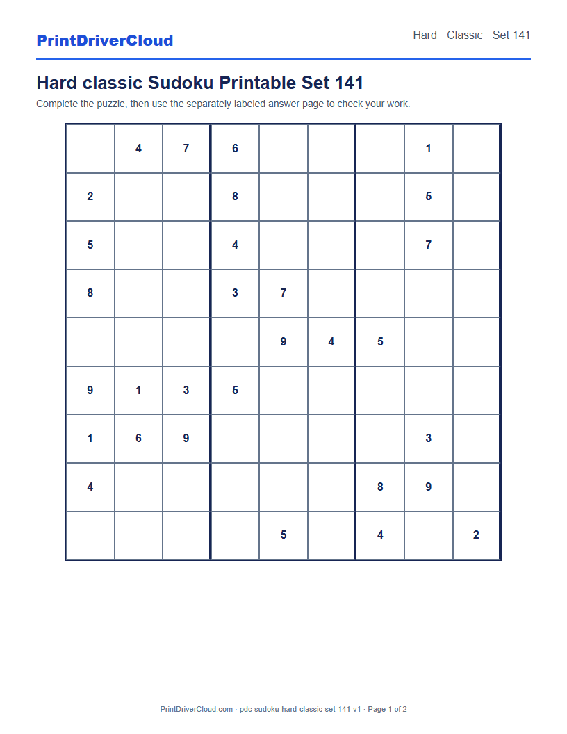 Preview of Hard classic Sudoku Printable Set 141