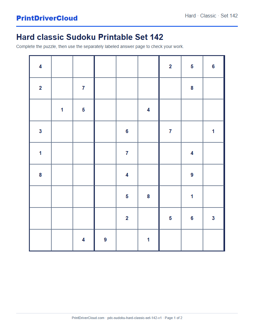 Preview of Hard classic Sudoku Printable Set 142