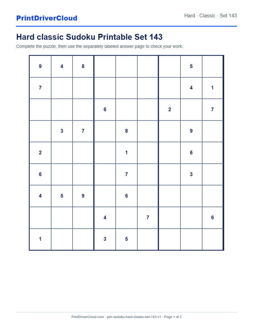 Preview of Hard classic Sudoku Printable Set 143