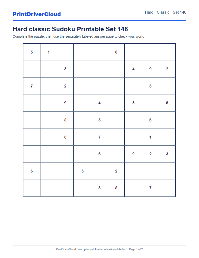 Preview of Hard classic Sudoku Printable Set 146