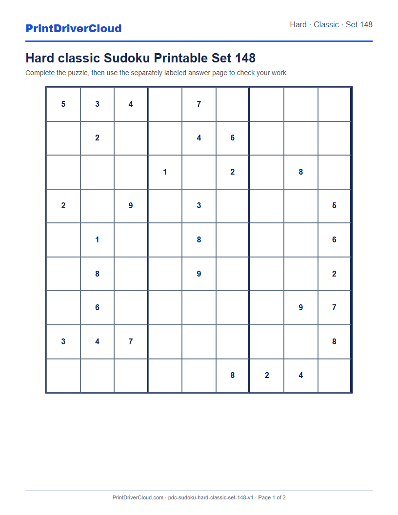 Preview of Hard classic Sudoku Printable Set 148
