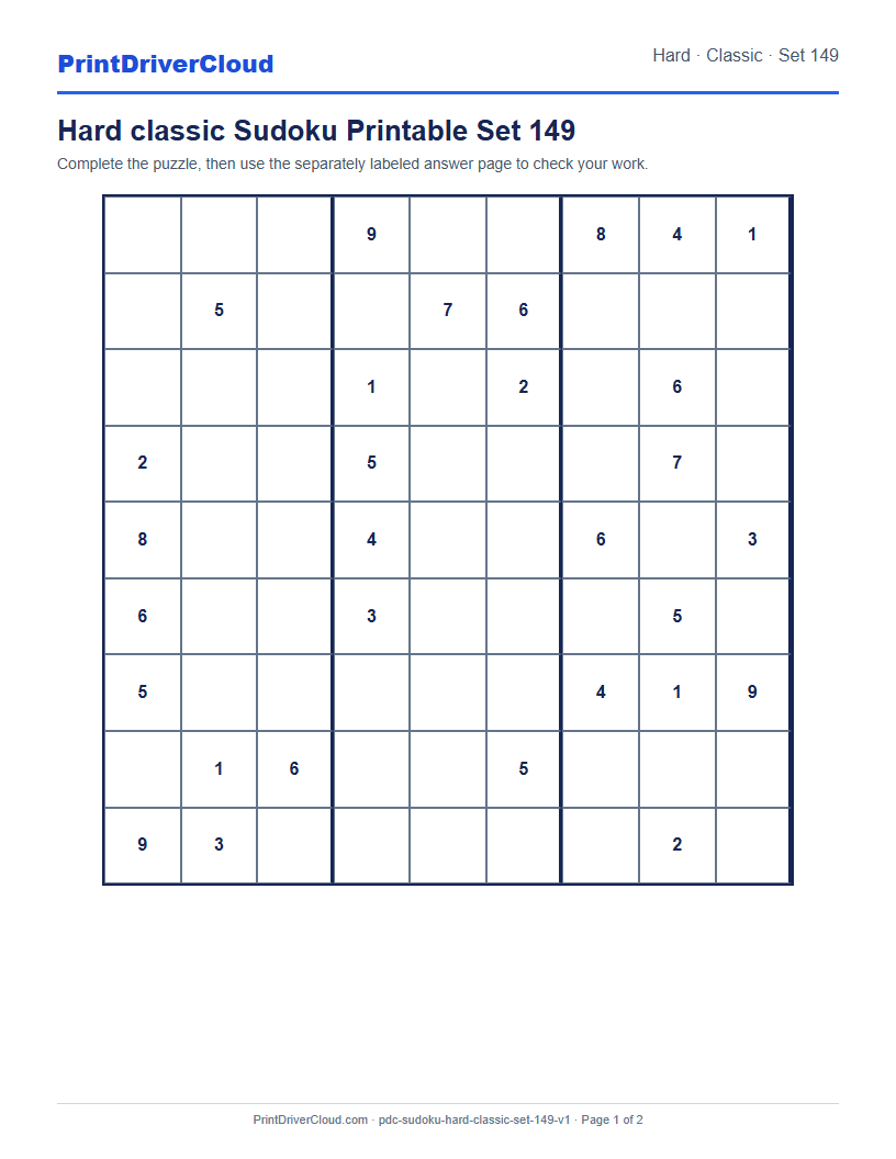 Preview of Hard classic Sudoku Printable Set 149