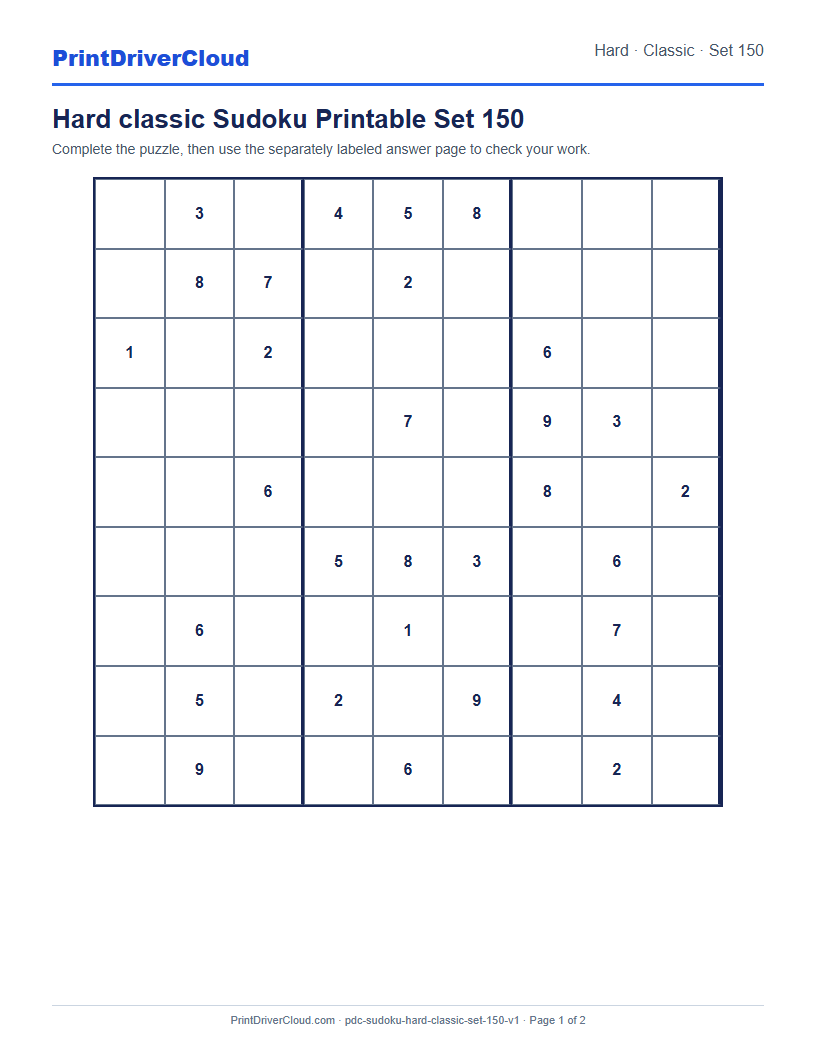 Preview of Hard classic Sudoku Printable Set 150
