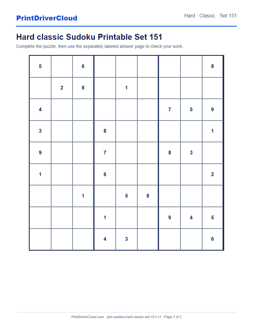Preview of Hard classic Sudoku Printable Set 151
