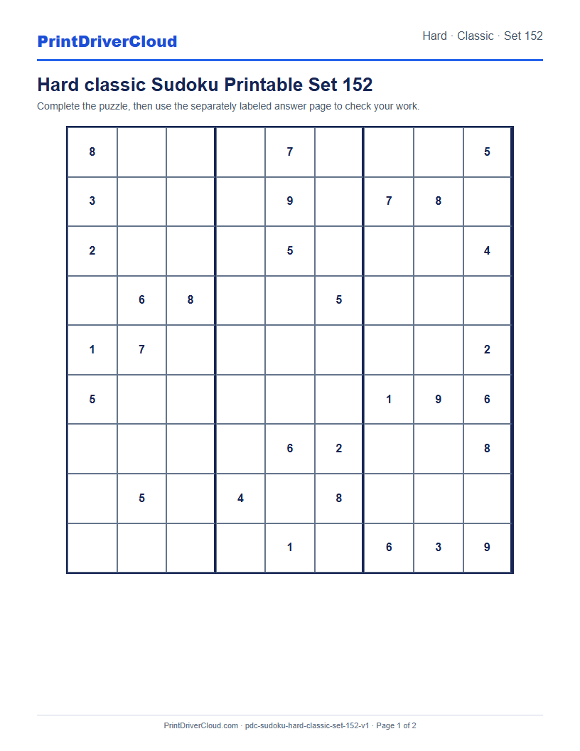 Preview of Hard classic Sudoku Printable Set 152