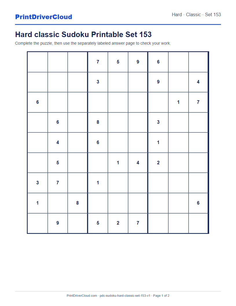 Preview of Hard classic Sudoku Printable Set 153