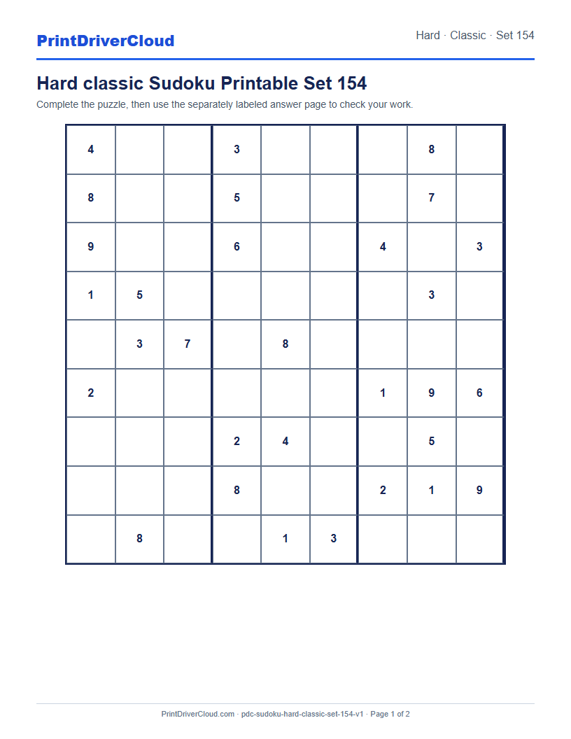 Preview of Hard classic Sudoku Printable Set 154