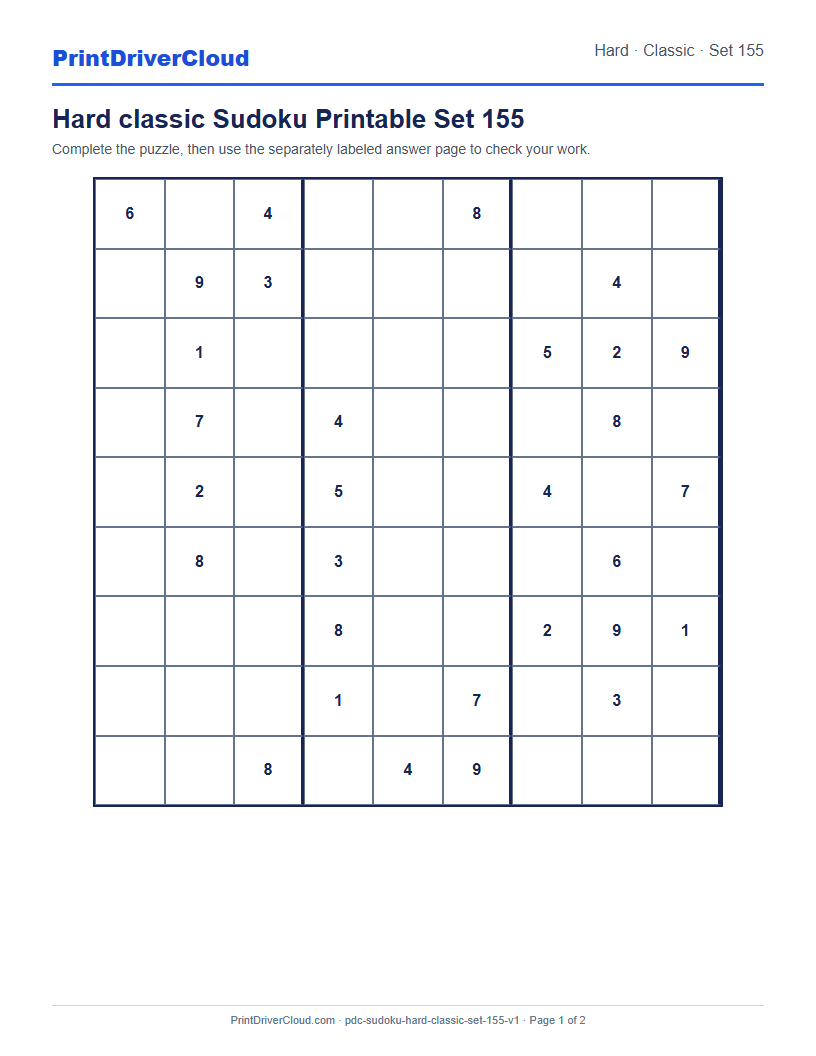 Preview of Hard classic Sudoku Printable Set 155