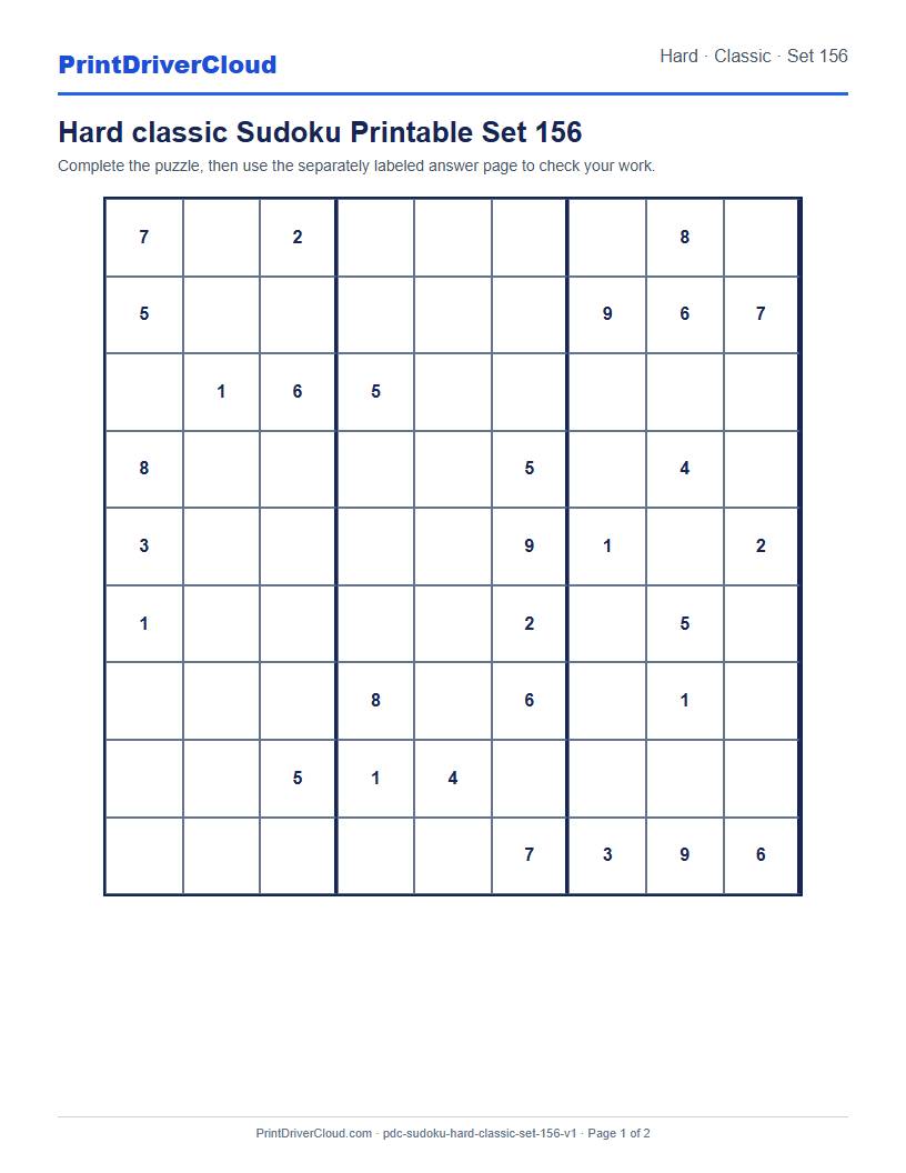 Preview of Hard classic Sudoku Printable Set 156