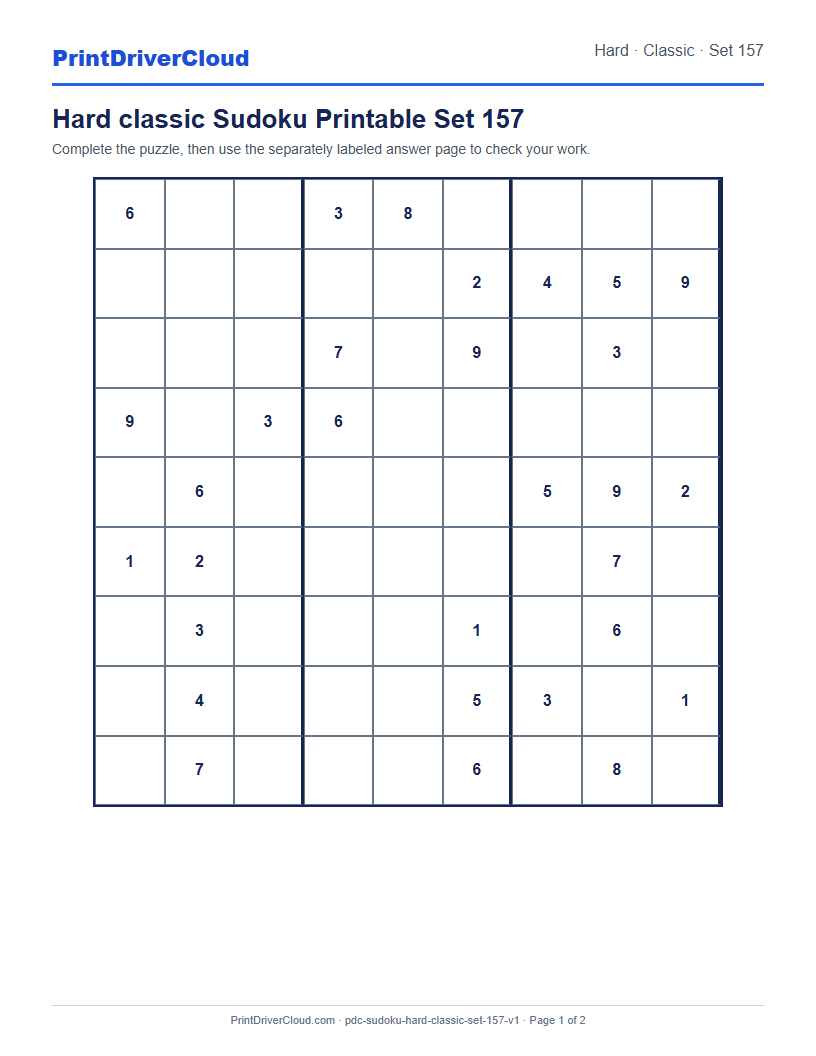 Preview of Hard classic Sudoku Printable Set 157