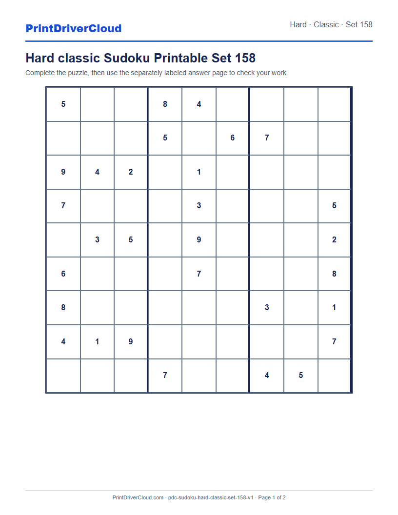 Preview of Hard classic Sudoku Printable Set 158