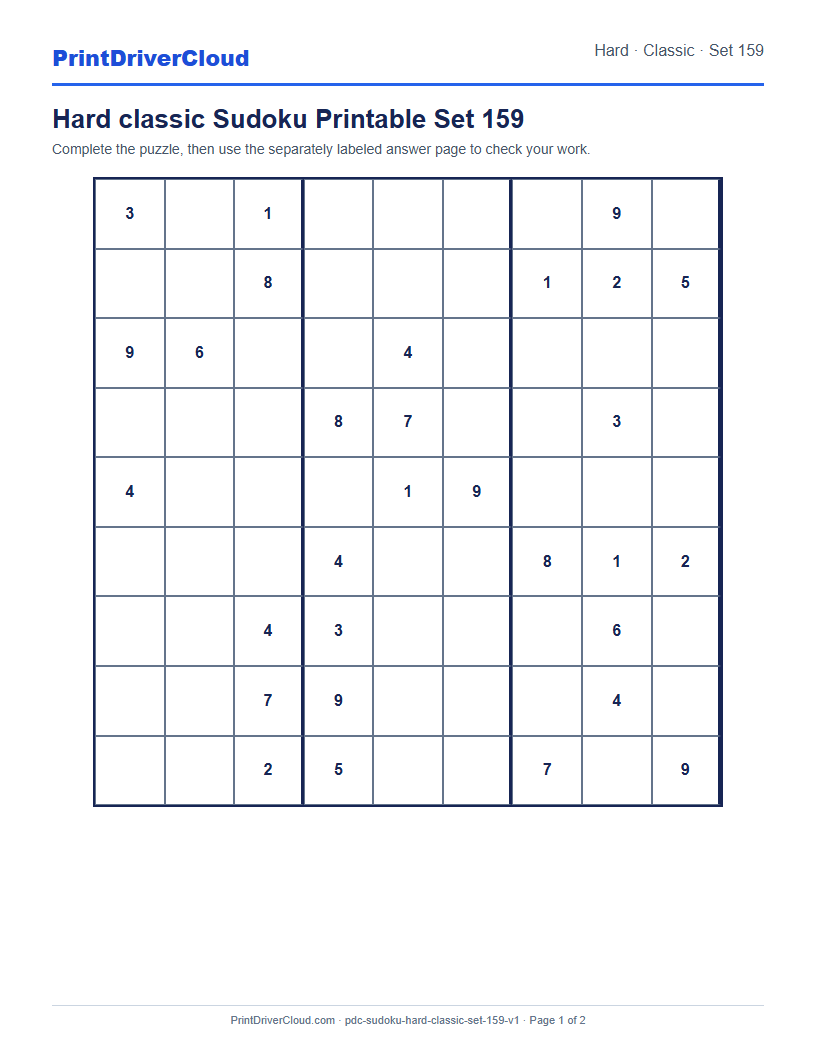 Preview of Hard classic Sudoku Printable Set 159