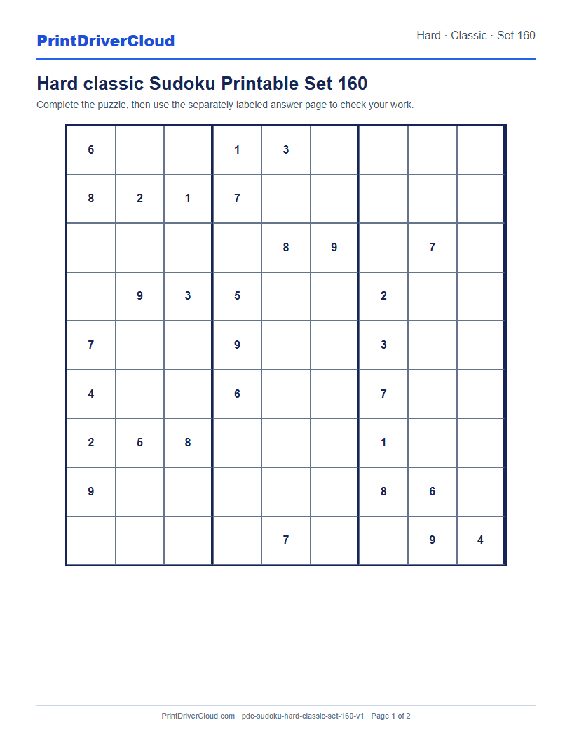 Preview of Hard classic Sudoku Printable Set 160