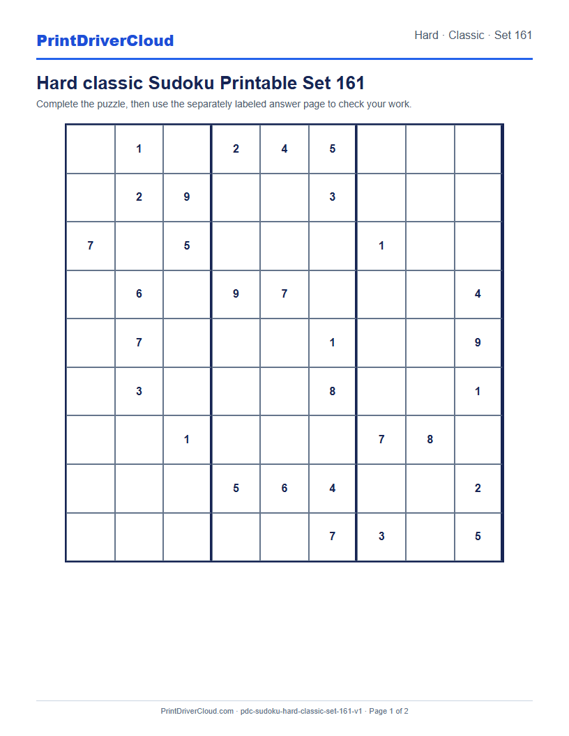 Preview of Hard classic Sudoku Printable Set 161