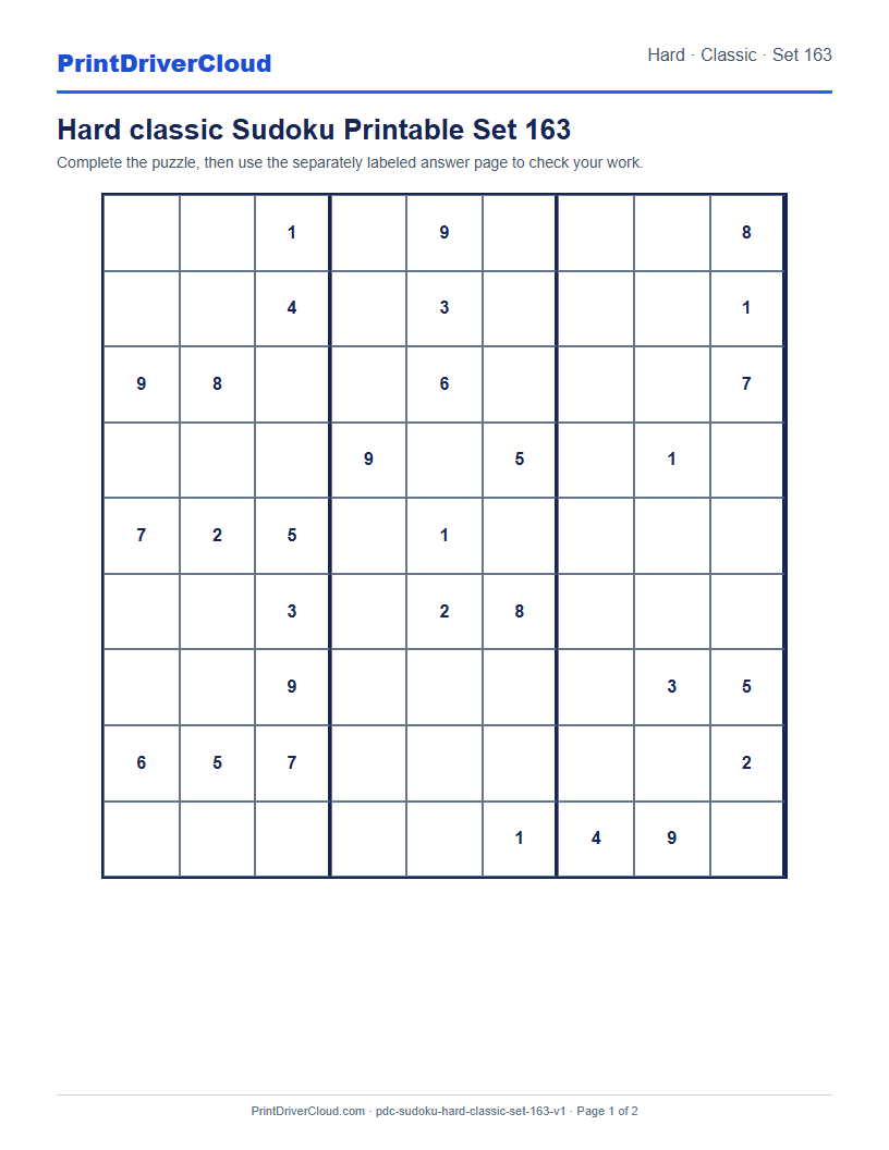 Preview of Hard classic Sudoku Printable Set 163