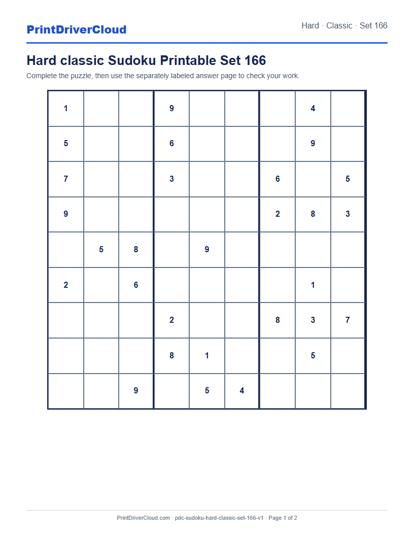 Preview of Hard classic Sudoku Printable Set 166