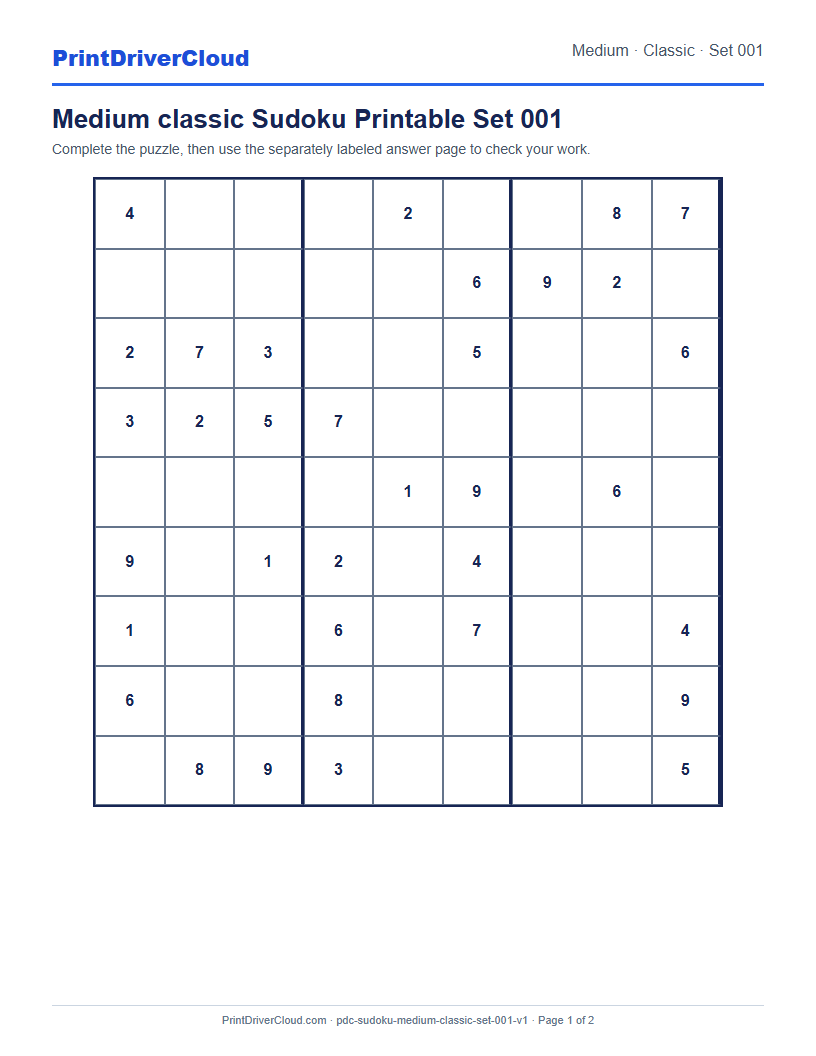 Preview of Medium classic Sudoku Printable Set 001