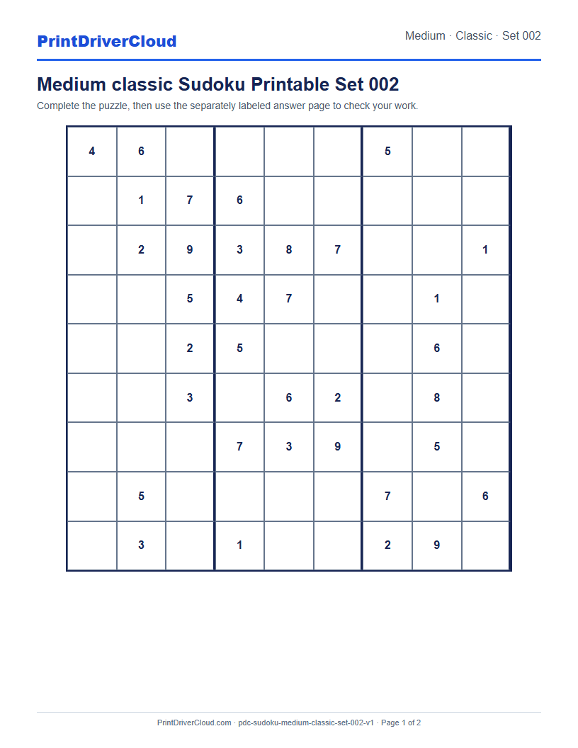 Preview of Medium classic Sudoku Printable Set 002