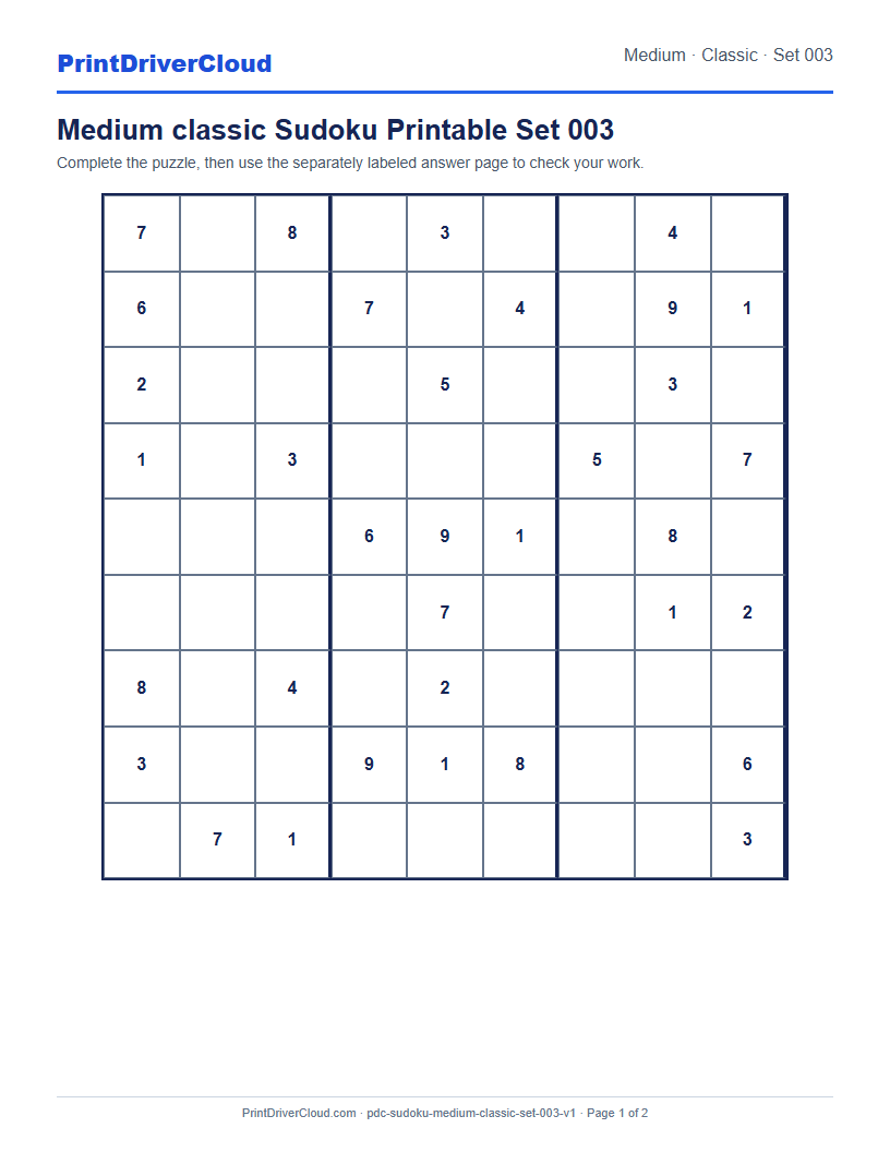 Preview of Medium classic Sudoku Printable Set 003