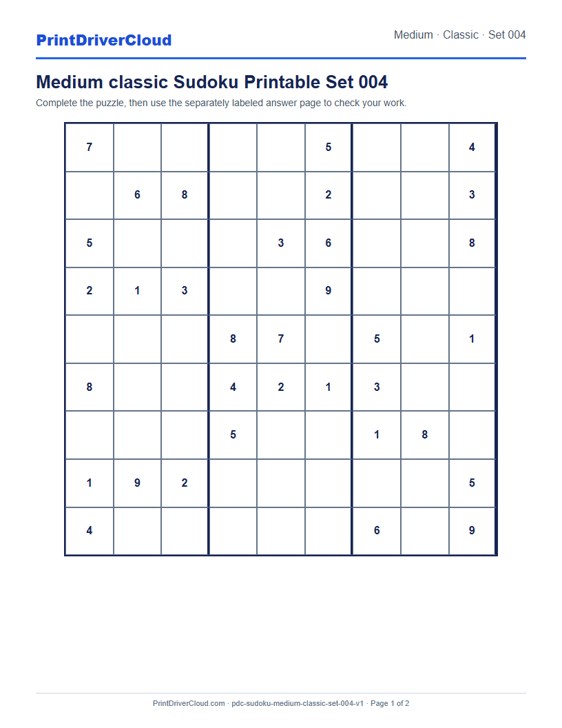 Preview of Medium classic Sudoku Printable Set 004