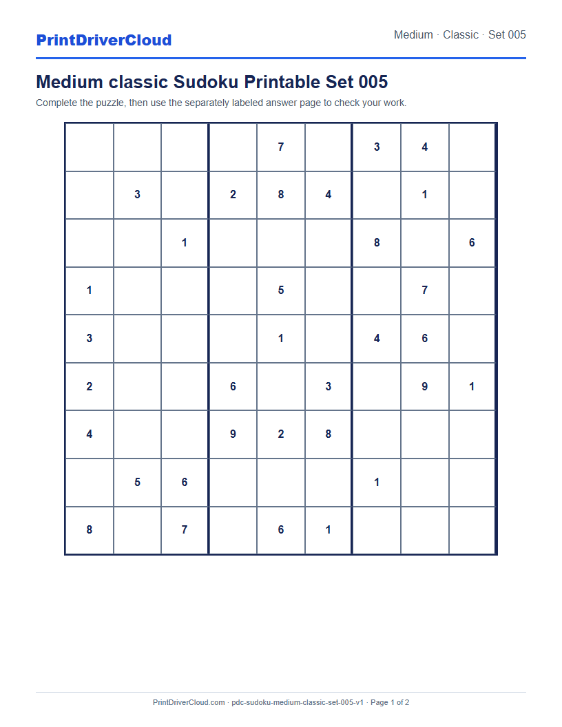 Preview of Medium classic Sudoku Printable Set 005