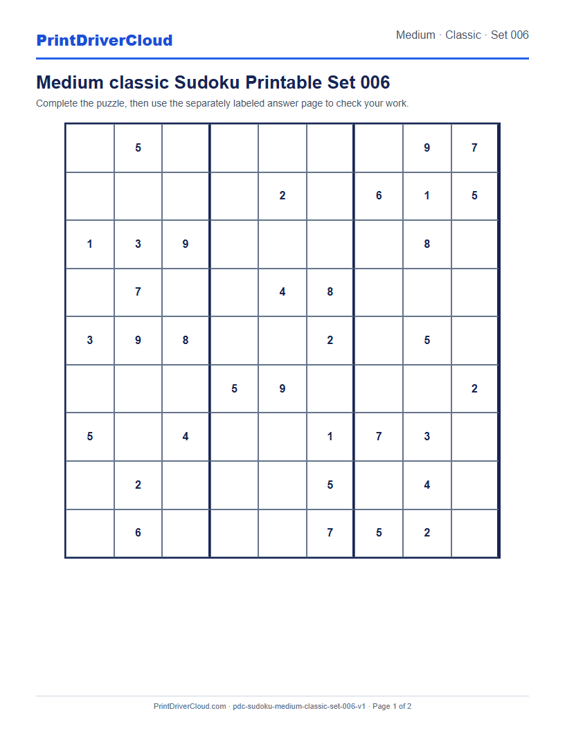 Preview of Medium classic Sudoku Printable Set 006