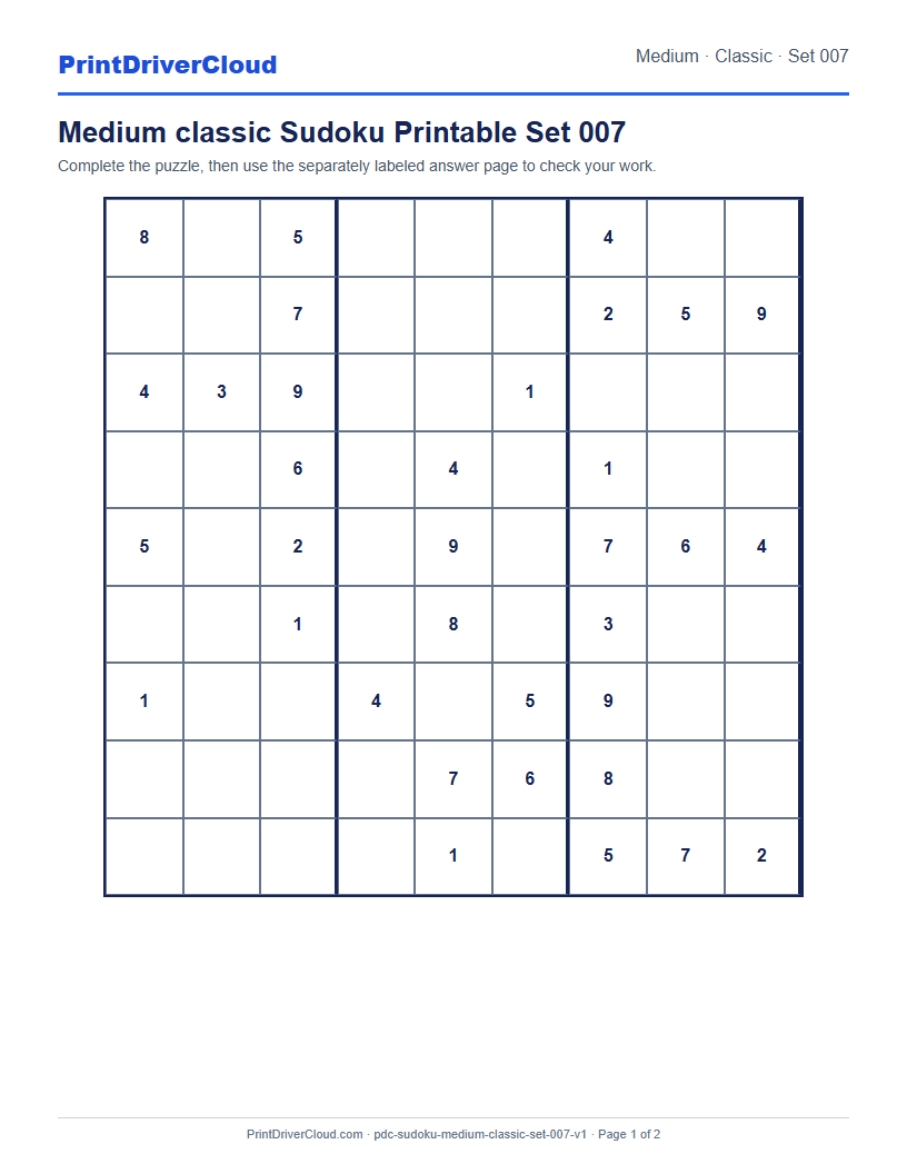 Preview of Medium classic Sudoku Printable Set 007