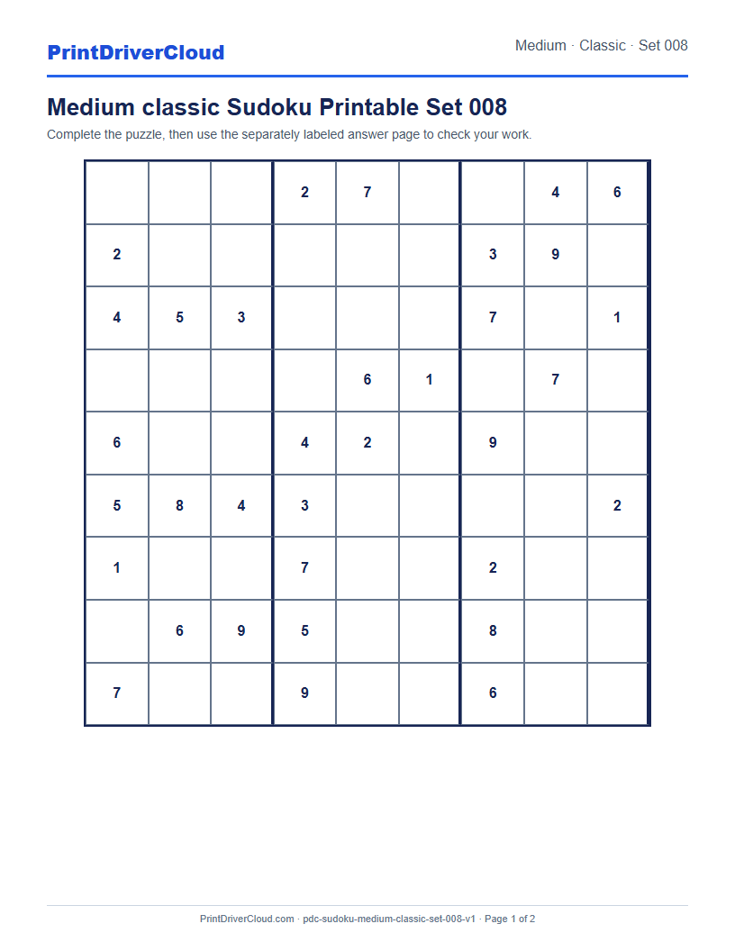 Preview of Medium classic Sudoku Printable Set 008