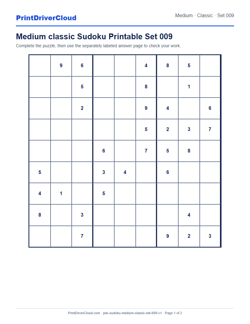 Preview of Medium classic Sudoku Printable Set 009