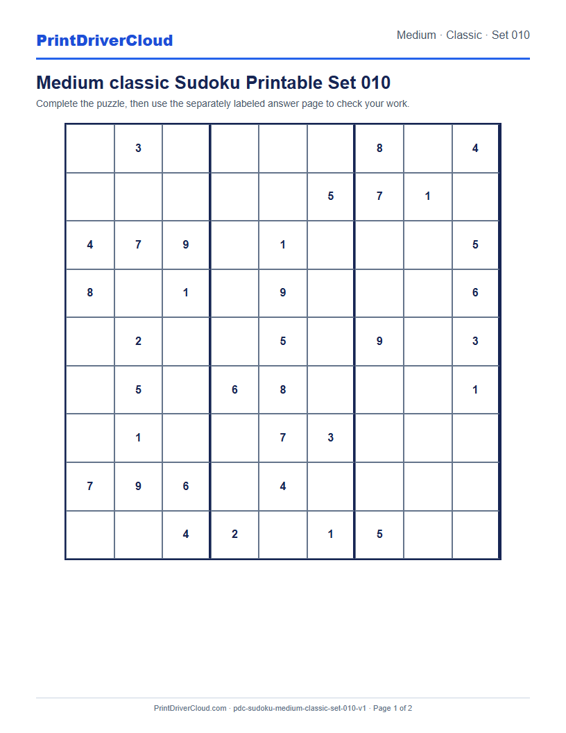 Preview of Medium classic Sudoku Printable Set 010