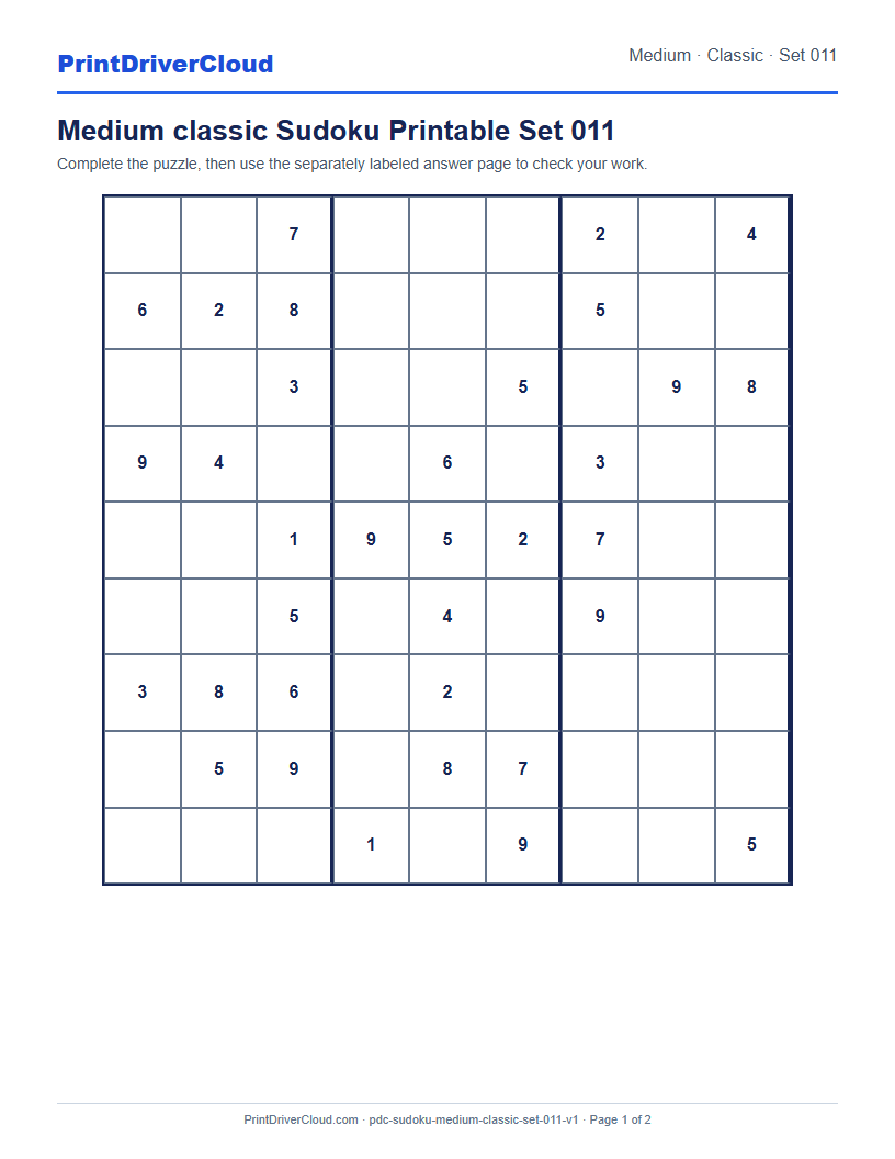 Preview of Medium classic Sudoku Printable Set 011