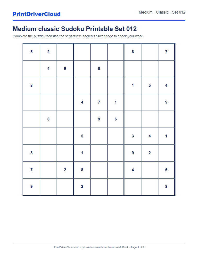 Preview of Medium classic Sudoku Printable Set 012