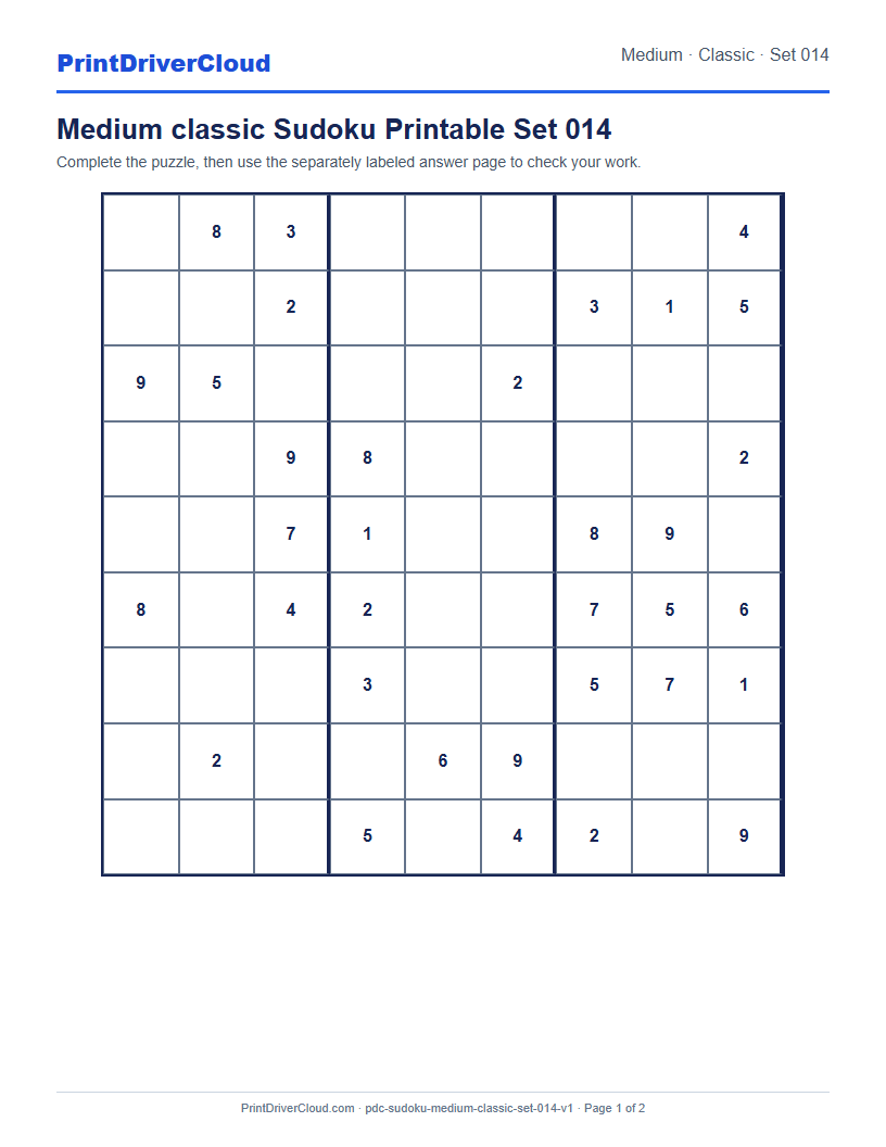 Preview of Medium classic Sudoku Printable Set 014