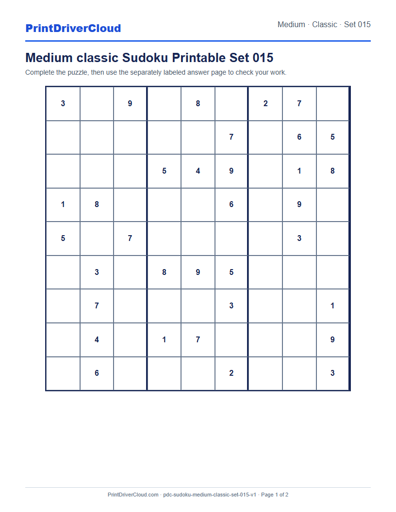 Preview of Medium classic Sudoku Printable Set 015