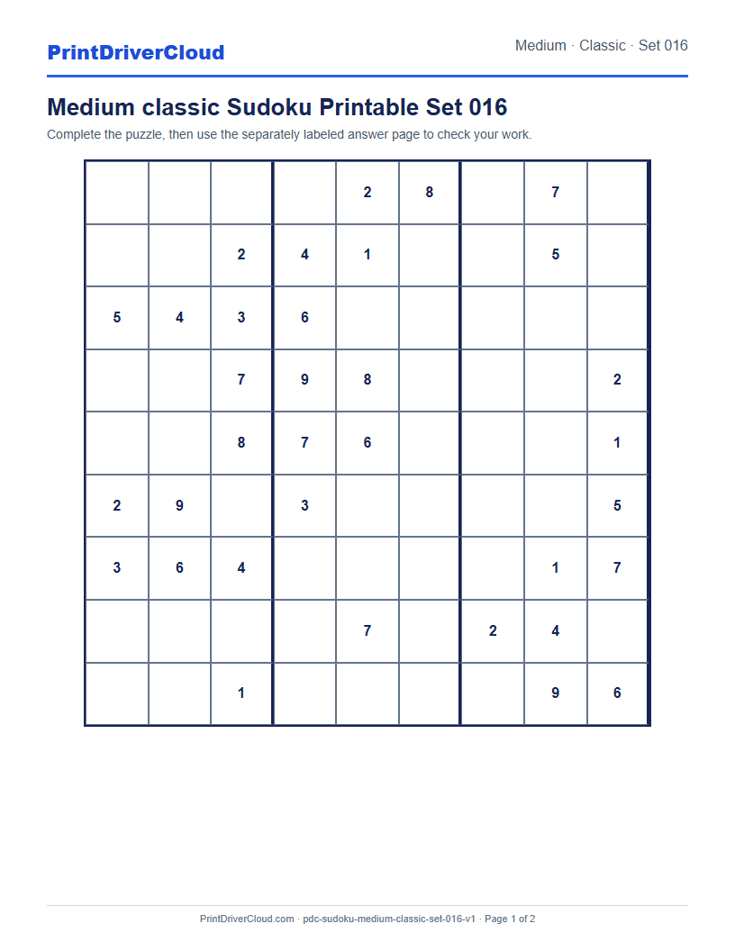 Preview of Medium classic Sudoku Printable Set 016