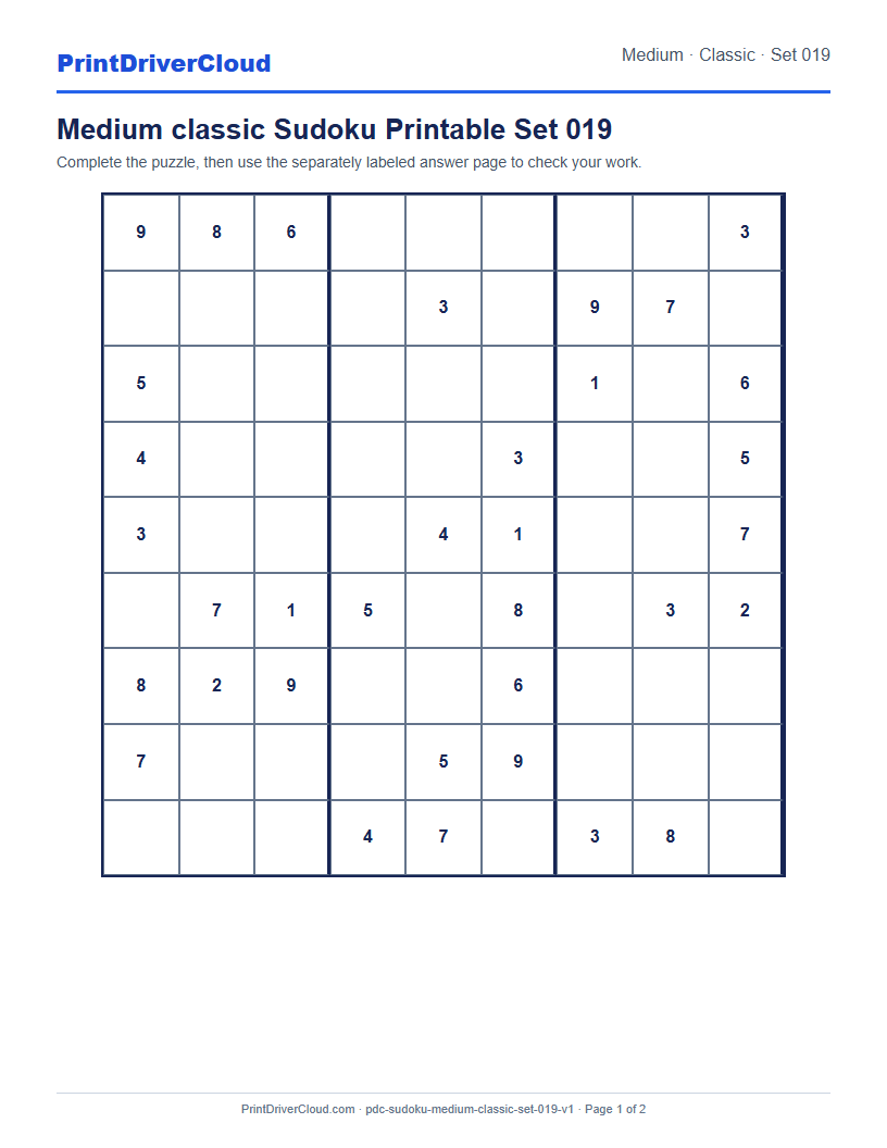 Preview of Medium classic Sudoku Printable Set 019
