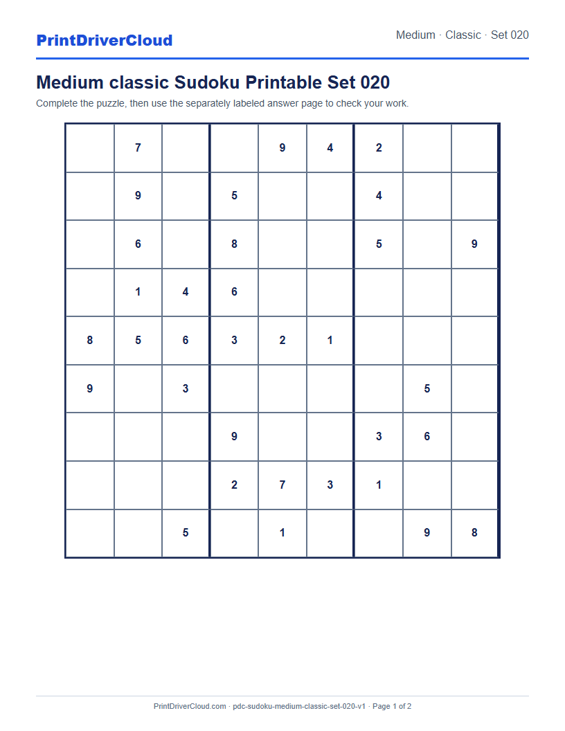 Preview of Medium classic Sudoku Printable Set 020