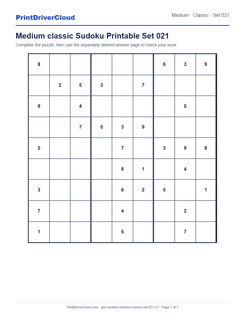Preview of Medium classic Sudoku Printable Set 021