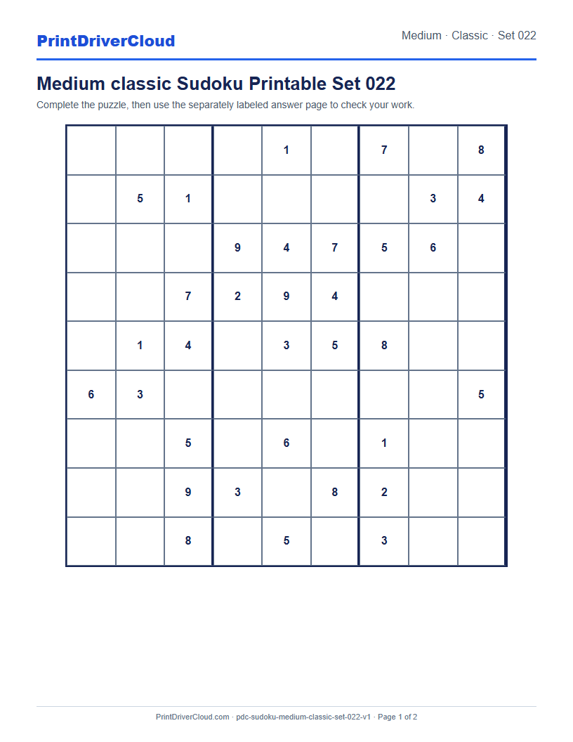 Preview of Medium classic Sudoku Printable Set 022